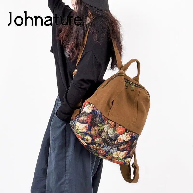 Johnature Leisure Stitching Women Backpack Retro Cotton Linen Canvas Bag 2024 New Large Capacity Floral Outdoor Travel Bags