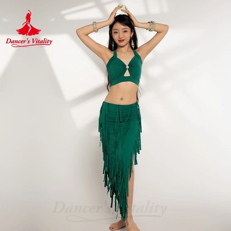 Traje de danza del vientre para mujer, Top de algodón + falda con borlas, 2 piezas, traje de danza Oriental, conjunto de disfraces profesionales