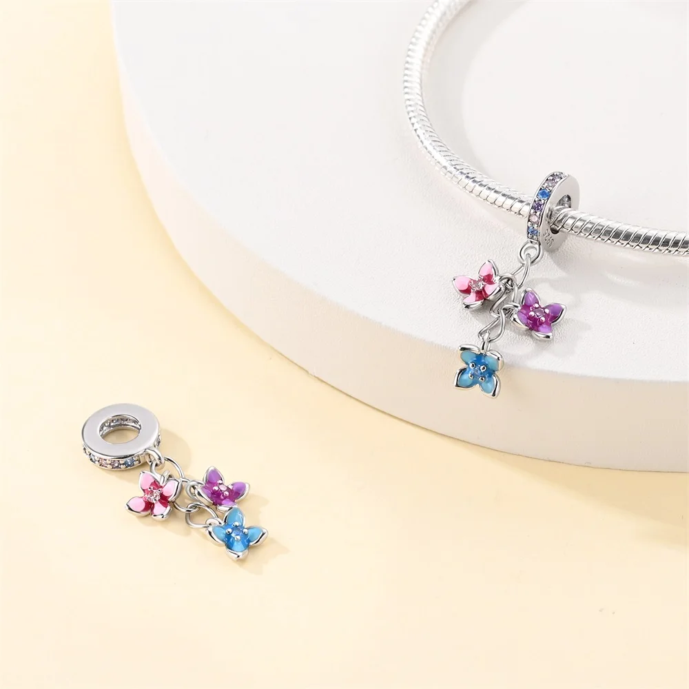 

Original 925 Silver Charms Luxury Colorful Flowers Beads Fit Bracelet Diy Women Making Delicate Gift