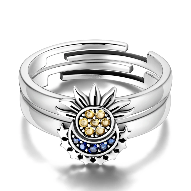 925 Silver Sun and Moon Average Size Opening Ring Zircon Oxide Enamel Heart Love Rings Fashion Fine Jewelry For Women Gifts New