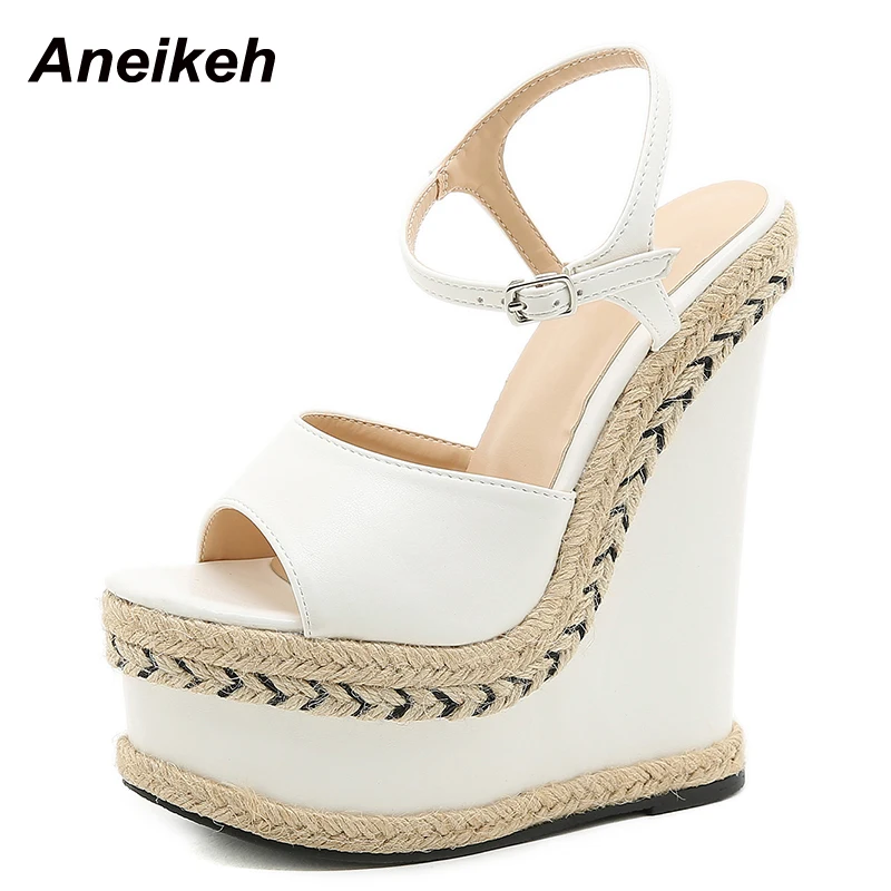 Aneikeh 2025 Summer Grass Woven Slope Heel Comfortable Sandals Ladies Shoes Party PU Platform Buckle Fashion Sandalias Mujer