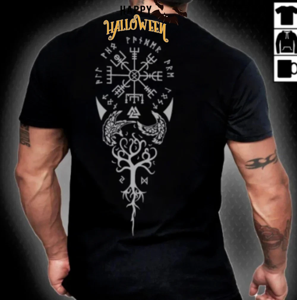 Nordic Tree of Life Vegvisir Compass Rune T-Shirt 100% Cotton O-Neck Short Sleeve Casual Mens T-shirt Size S-3XL