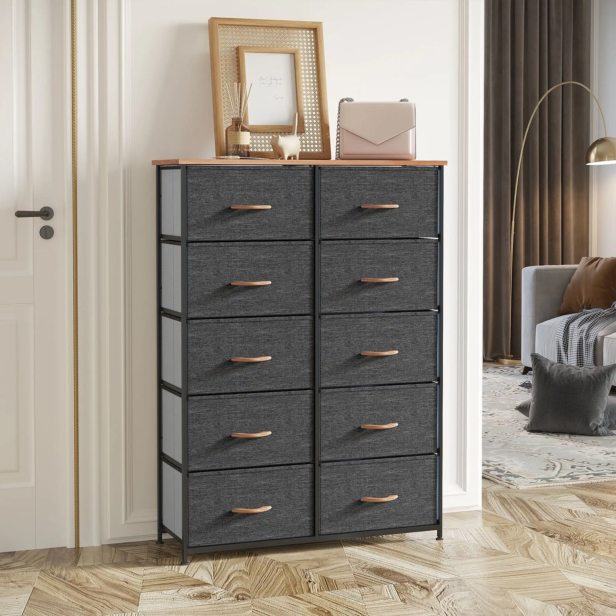 

10 Drawers Storage Organizer Wooden Top Shelf Dressers for Hallway, Dark Gray