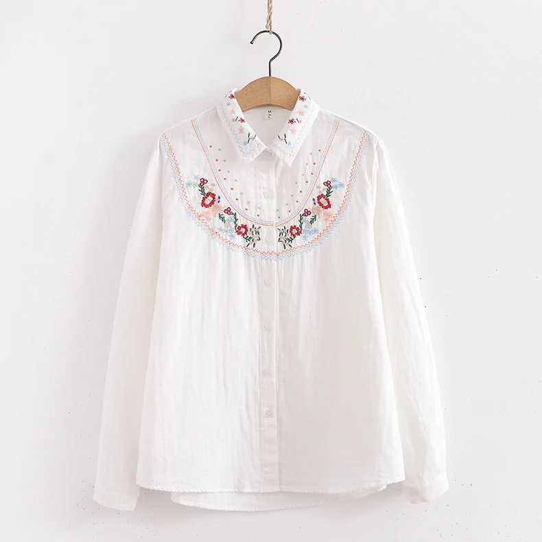 New Spring Cotton Retro Shirts Women Loose Lapel Neck Embroidery Blouses Girl Long Sleeve Casual Sweet Top 2024 Autumn T455116QM