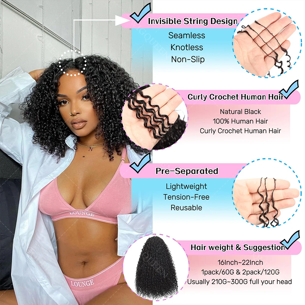 12A الأفرو غريب مجعد الكروشيه الشعر البشري مع سلسلة قبل يحلق قابلة لإعادة الاستخدام ريشة اللوالب الصغيرة مجعد وصلات شعر كروشيه جديلة