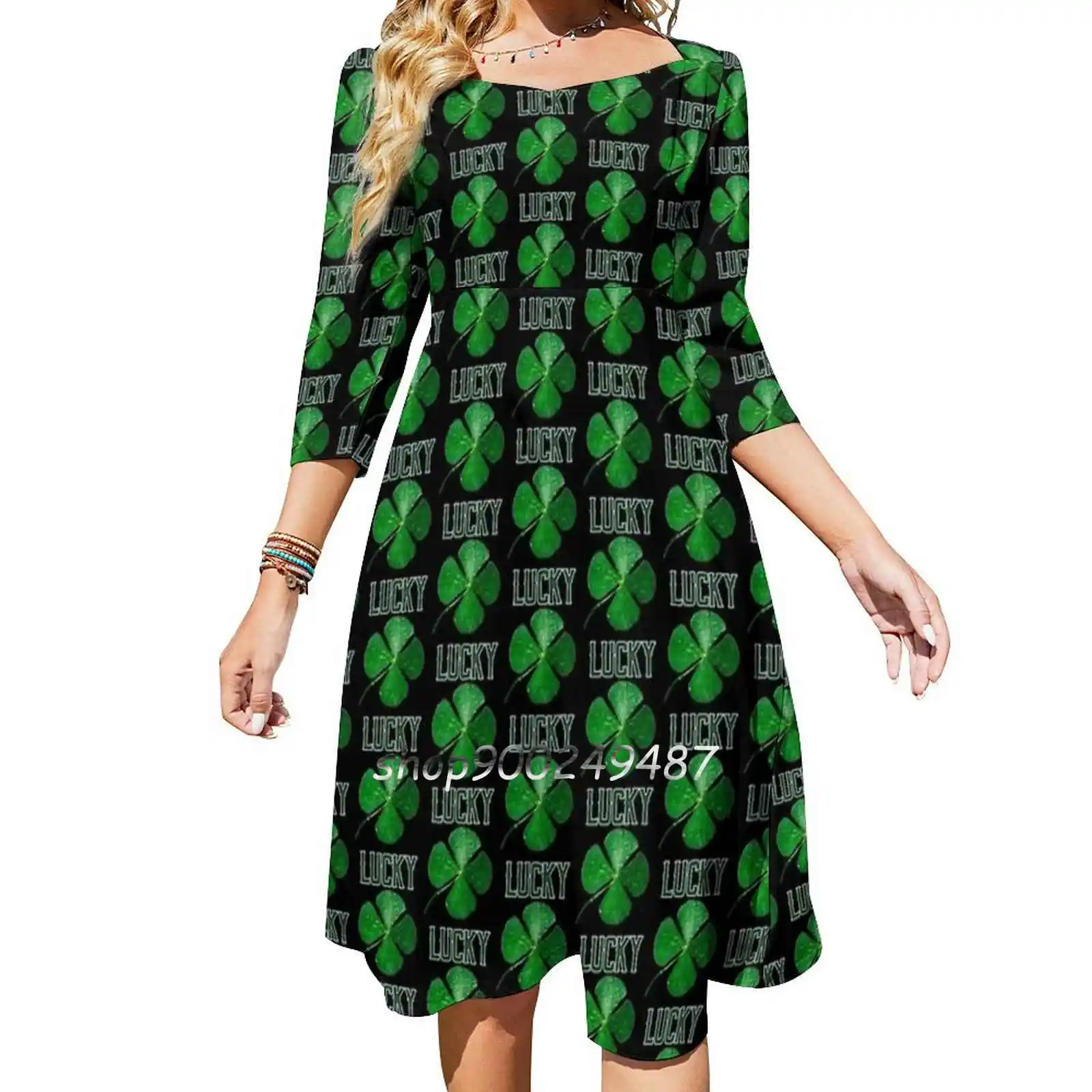 Lucky Four Leaf Clover Square Neck Dress Sweet Summer Dress Women Elegant Halter Print Dress Clover Four Leaf Clover Irish