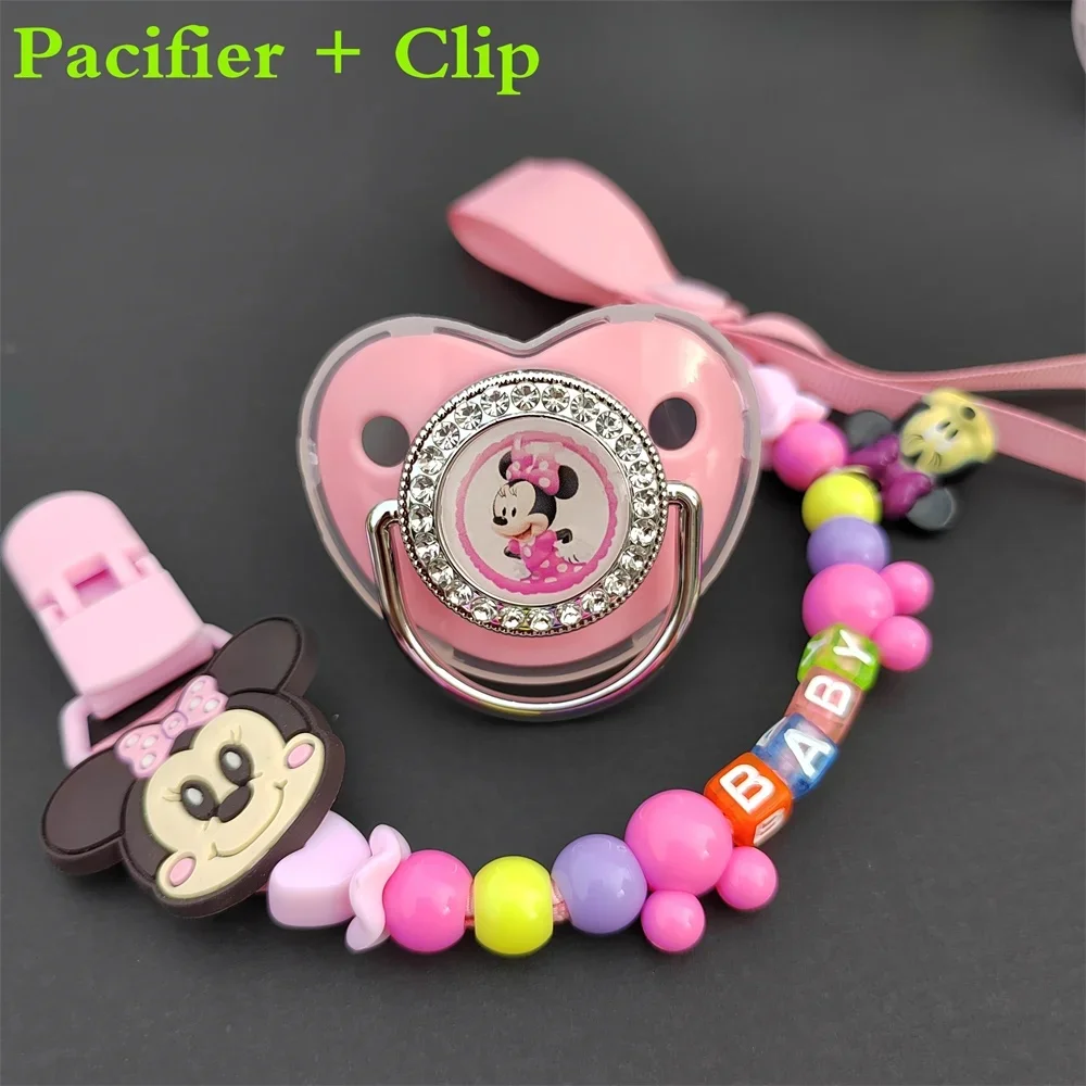 2024 Kawaii Mickey Mouse Pacifier with personalized chain Clip BPA-free Bling Dummy Pacifier Minnie 0-24months Cartoon Bling