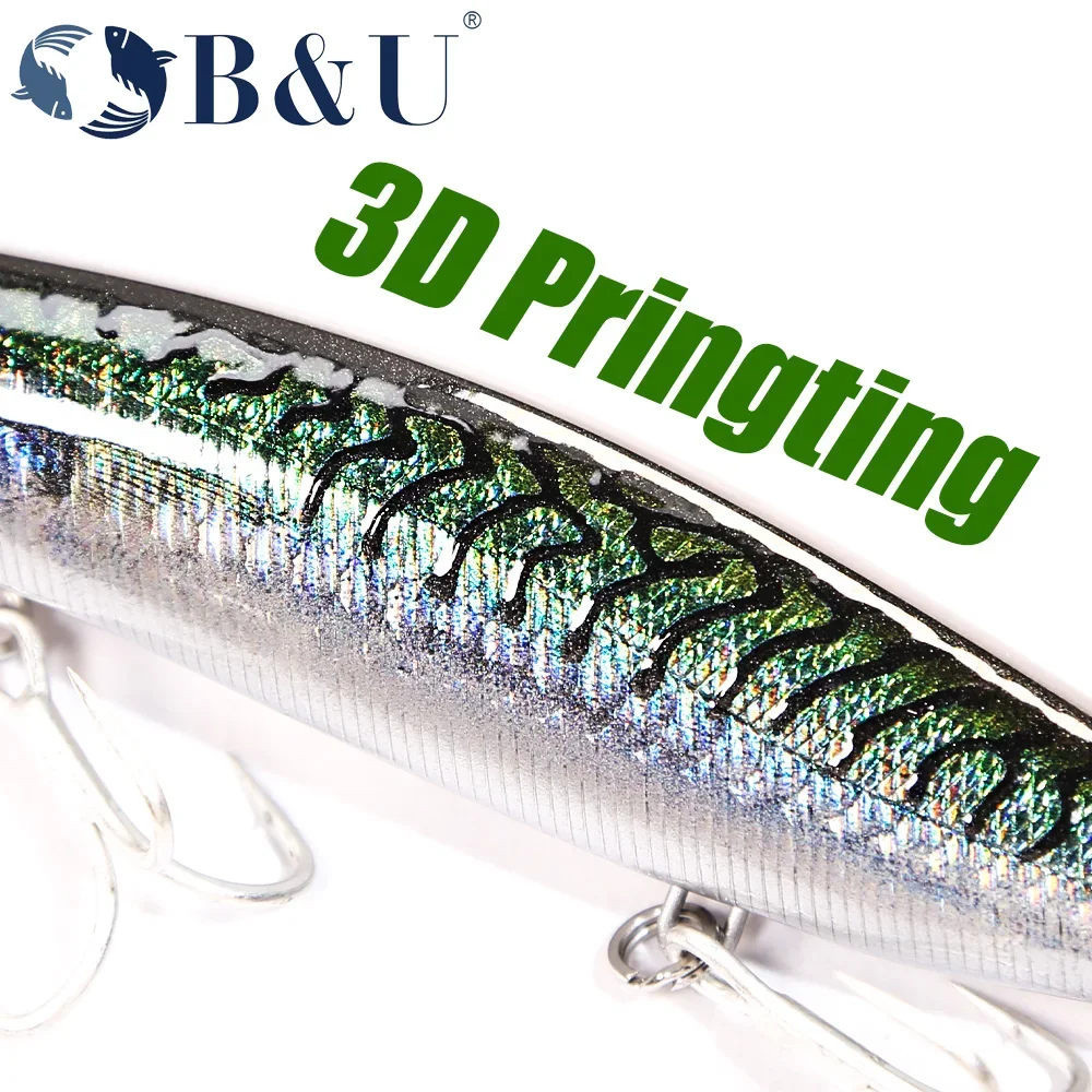B&U Floating Minnow Jerkbait Lure Long Casting Lipless Wobblers Big Artificial Bait Saltwater Sea Bass Pike Fishing 3D Printing