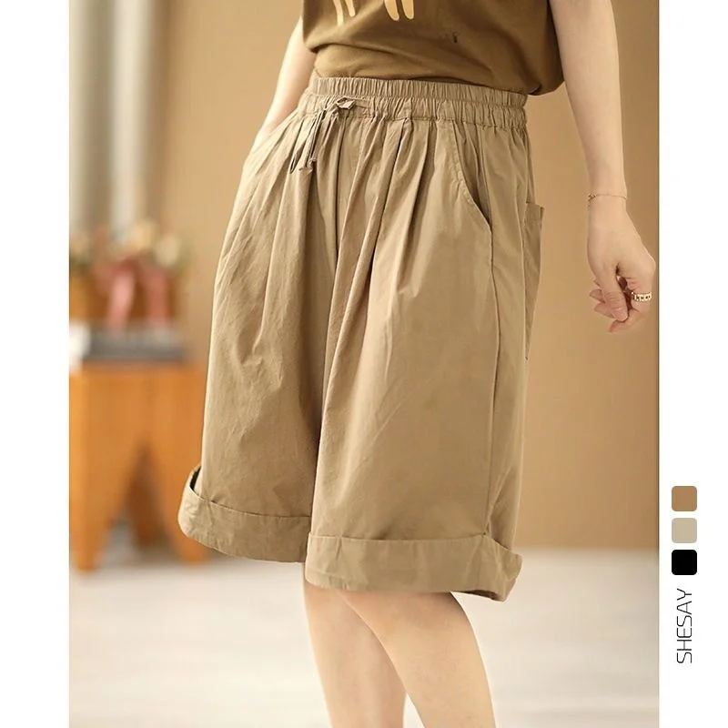 Verão casual cintura alta perna larga calças de cinco quartos feminino workwear orts versátil comute amigável solto ajuste calças