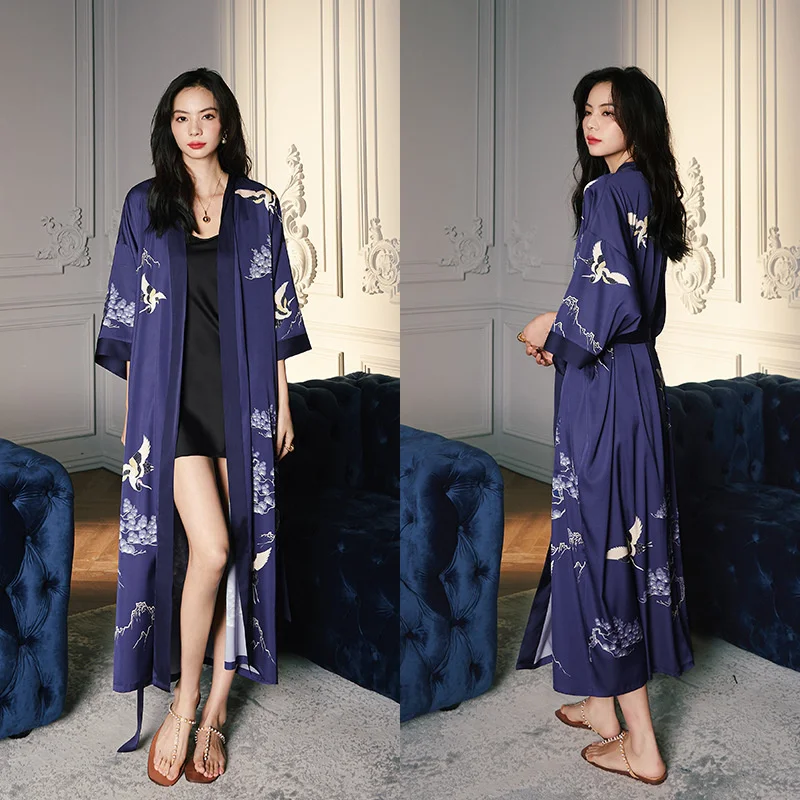 Print Flower Long Robe Nightgown Spring Summer Three Quarter Sleeves Kimono Bathrobe Gown Women Satin Home Dress Lounge wear