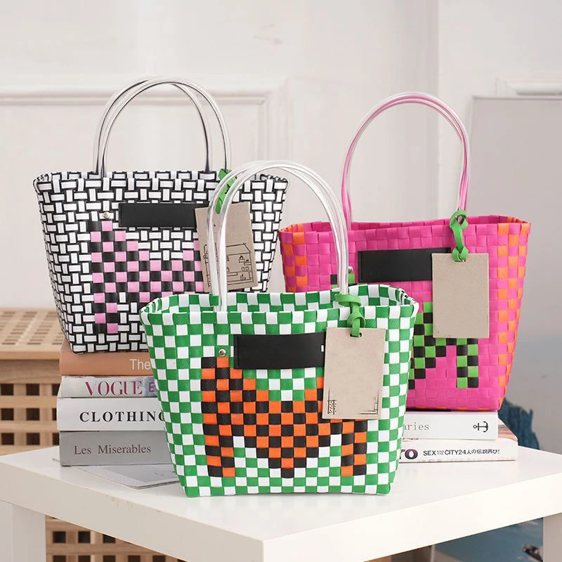Vegetable Basket Female Straw Bag Large Capacity Fashion Designer Handwoven Handbag Bohemia Summer Plastic Patchwork Women's Bag