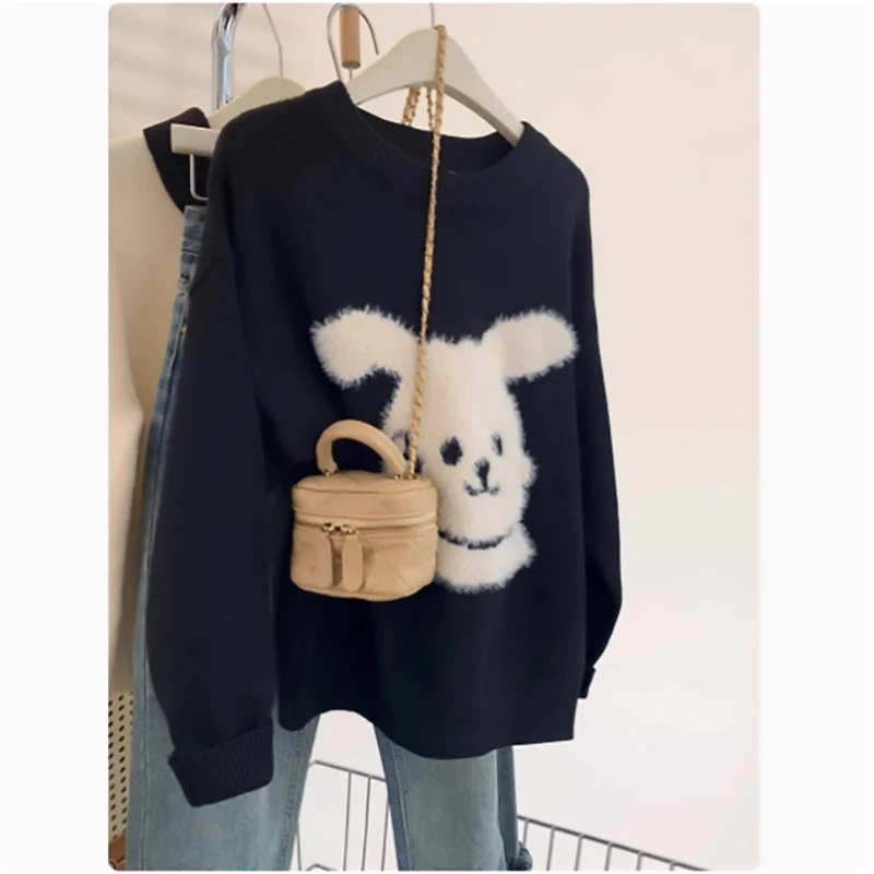 

Новый модный вязаный свитер с круглым вырезом и дизайном кролика, осенне-зимний, свободного кроя, маленький размер, женская одежда, топ