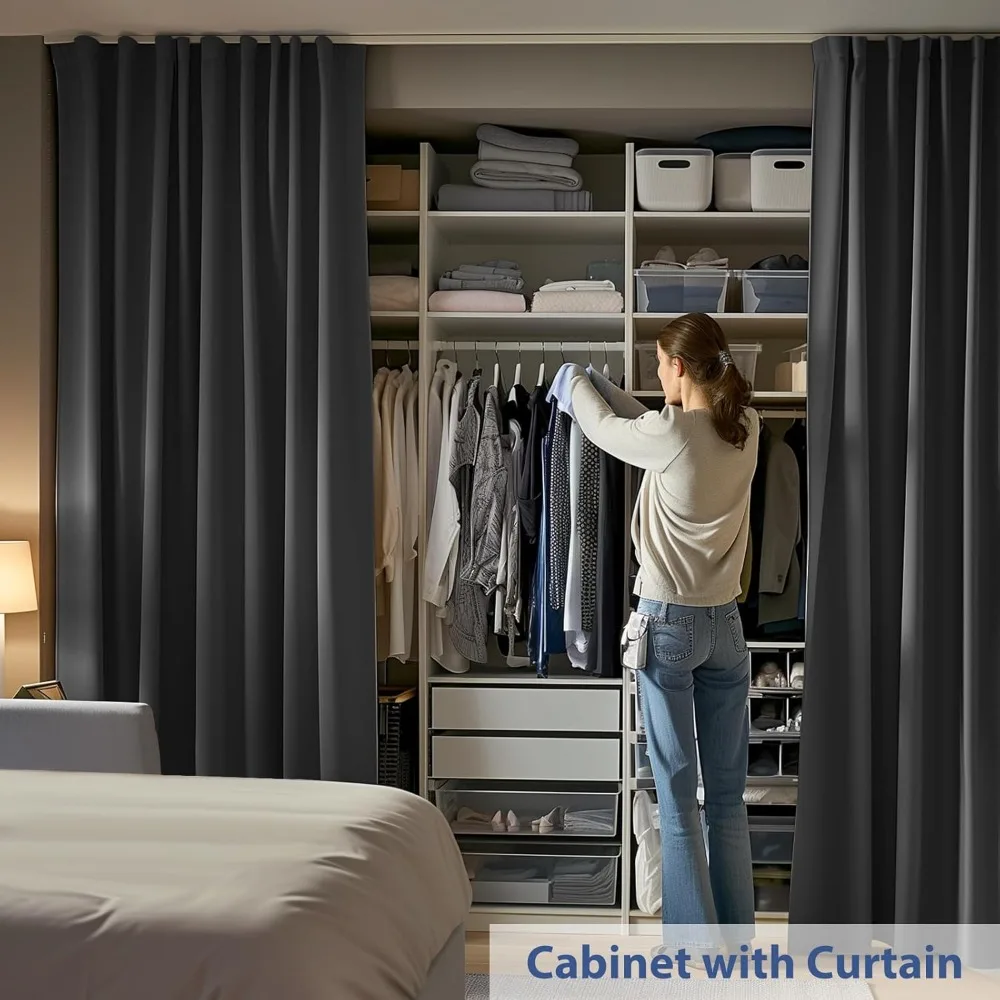 Extra Wide Blackout Room Divider Curtains with Ceiling Mounted Track Sets for Bedroom Privacy Partition