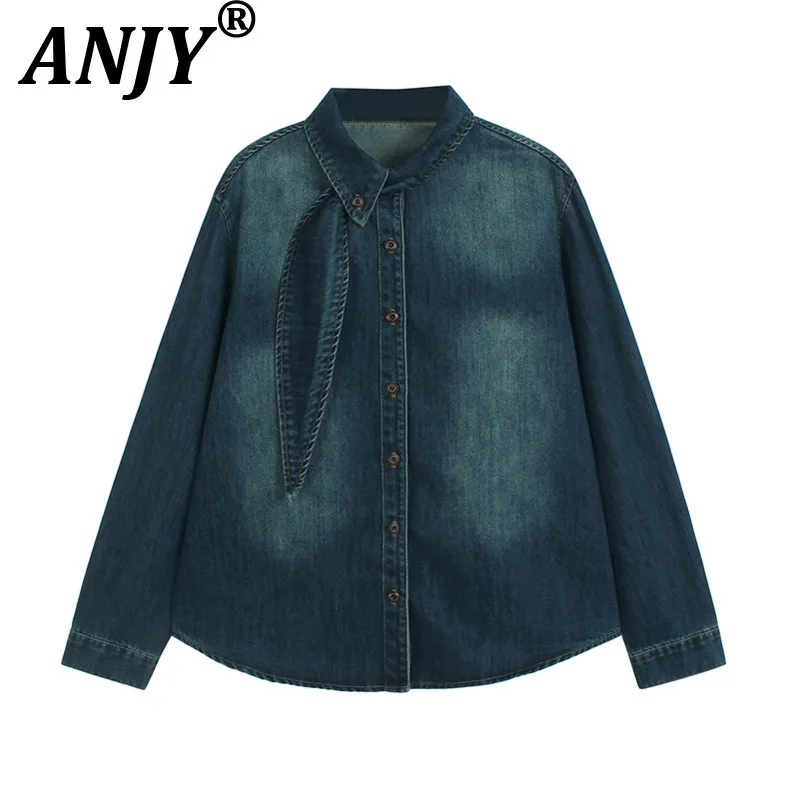 

ANJY Spring Autumn New Women Design Asymmetrical Ribbon Casual Pleated Denim Blouse Trend Loose Spliced Long Sleeve Shirt A19745