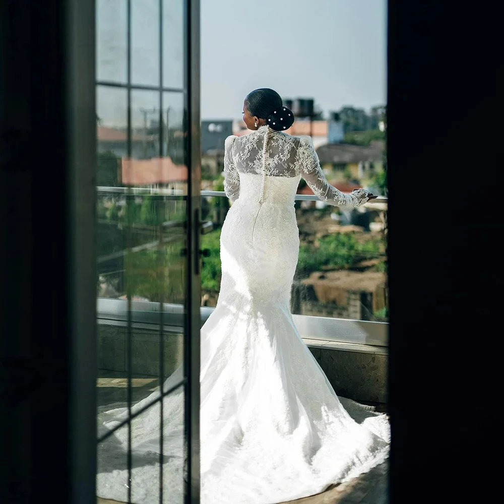 Robe de mariée sirène africaine à col haut et appliques en dentelle pour femmes, manches longues, 2 en 1, patients formels sur mesure, quoi que ce soit