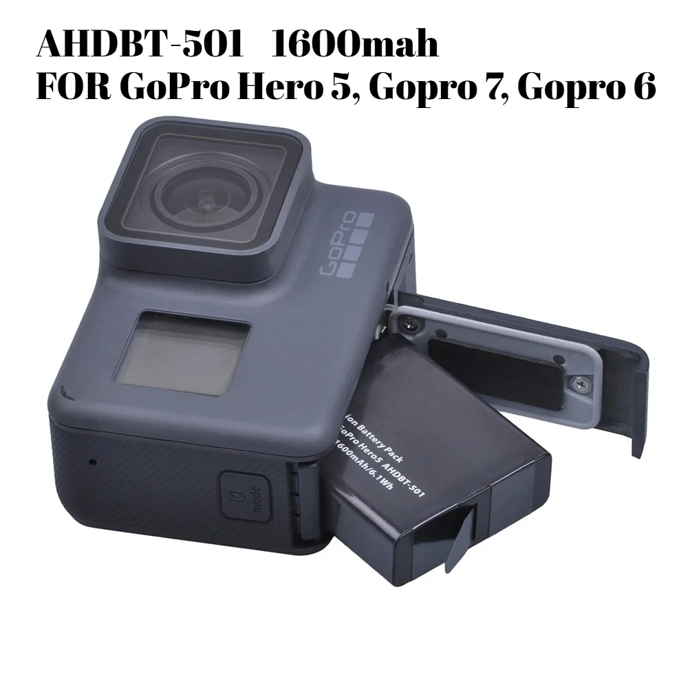 

Для GoPro Hero 11/10/9/8/7/6/5 AHDBT-501 аккумулятор высокой емкости 1600 мАч, замена для камеры GoPro Hero 5 Black Session