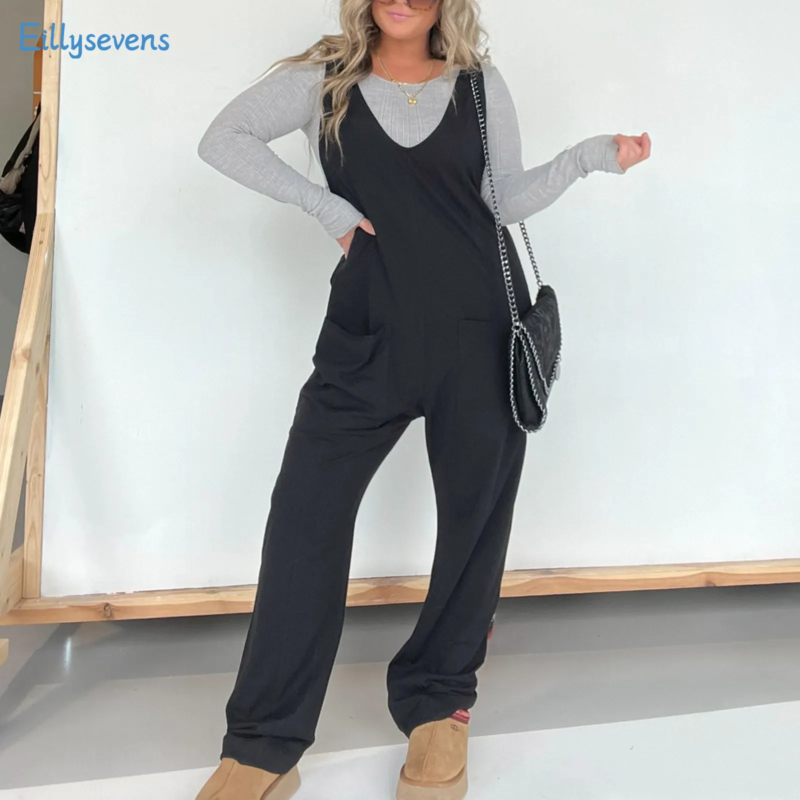 Women Casual Jumpsuits Fashion Solid Color Bodysuits Pants Daily All-Match Straight Loose Holiday Adjustable Strap Jumpsuits