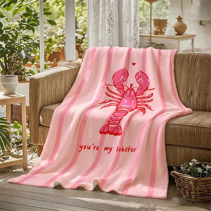Lobster Love Pink Stripes Flannel Blanket Perfect for Sofa Office Bed Travel Sleep Read Relax Camping Four Season Use