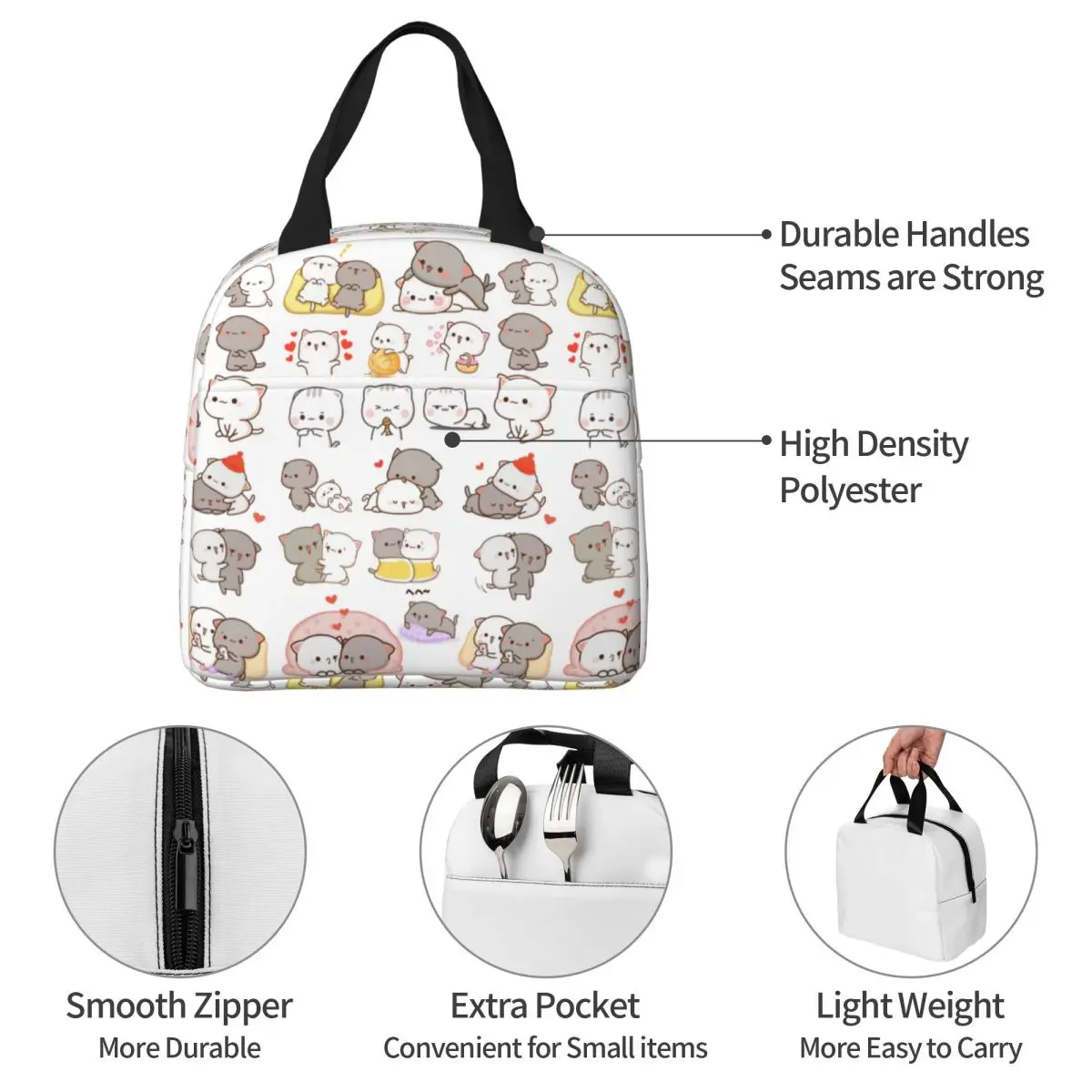 Cute Peach And Goma Insulated Lunch Bag Thermal Bag Lunch Container Cartoon Mochi Cat Large Tote Lunch Box School Travel