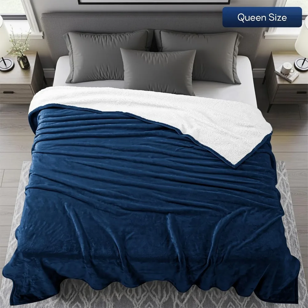 Plush Reversible Sherpa Blanket Queen Size 90x90 Navy Soft Fleece for Bed Couch Camping Travel