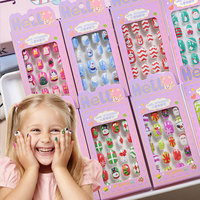 24pcs Cartoon Little Girls Christmas Press on Nails Kawaii Short Square Snowman Snowflake Fake Nails Full Cover Kids Nail Decor