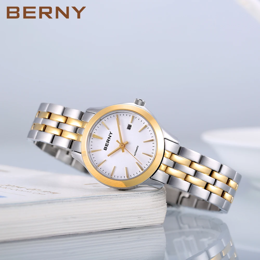 BERNY Women Automatic Mechanical Watch Calendar Simple Dial Sapphire Waterproof 3Bar Wristwatches жаночыя гадзіны BERNY NH05