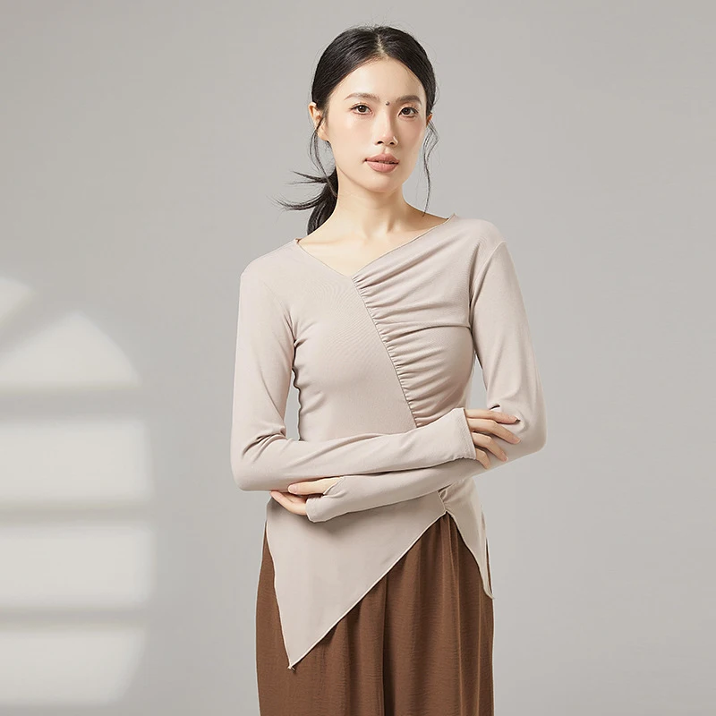Women's Asymmetrical Ruched Dance Top Long Sleeve Slim Fit Yoga Shirt with Thumbholes Balletcore Contemporary Lyrical Activewear
