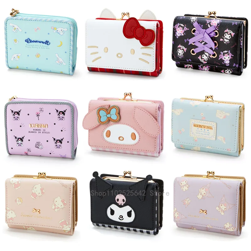 Cartoon Sanrio Hello Kitty PocketBook PU Leather Wallet MyMelody Cinnamoroll Pringle Kuromi Lovely Folding Card Bag Female Walle