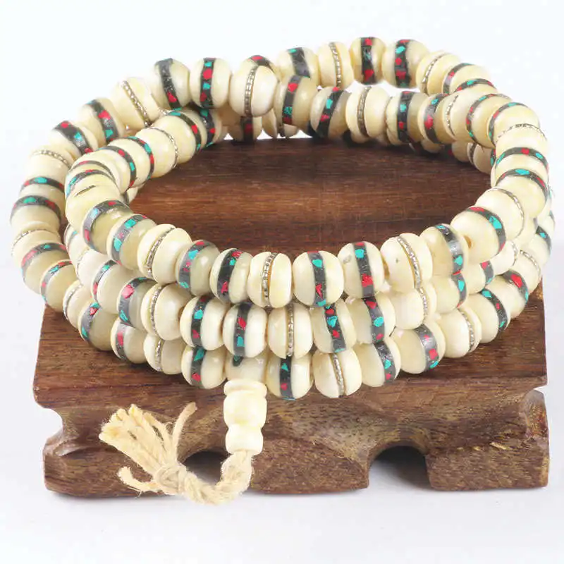 Tibetan Rosary Tibet 108PCS White Yak Bone Meditation Prayer Mala 6/7/8/10mm Bone Inlay Stone Metal Silk BRO574