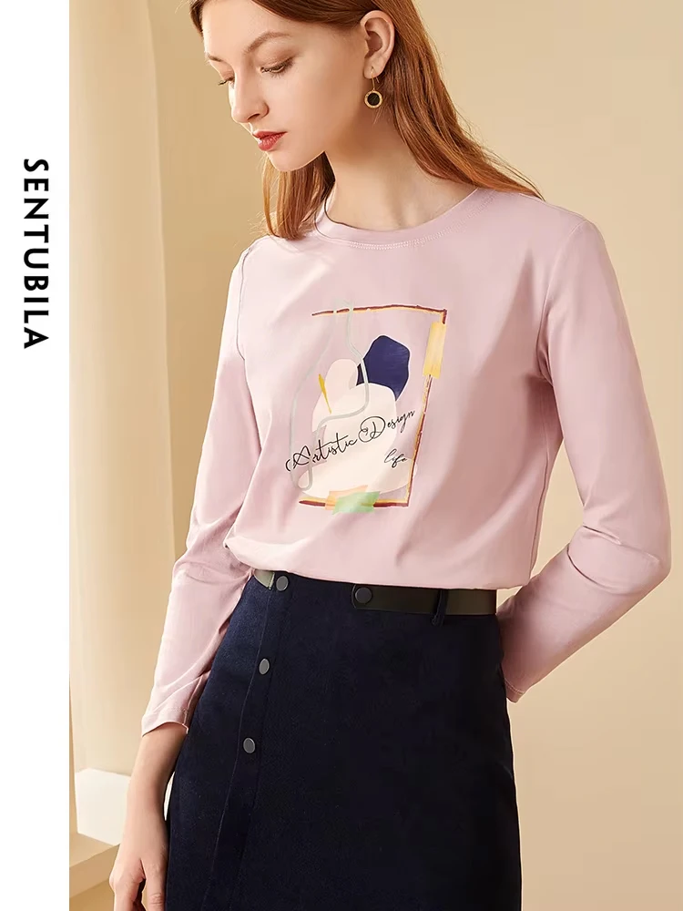 SENTUBILA 100% Cotton Long Sleeve Pink T-Shirts for Women 2024 Spring Autumn Fashion Print Round Neck Straight Loose Tee Shirts