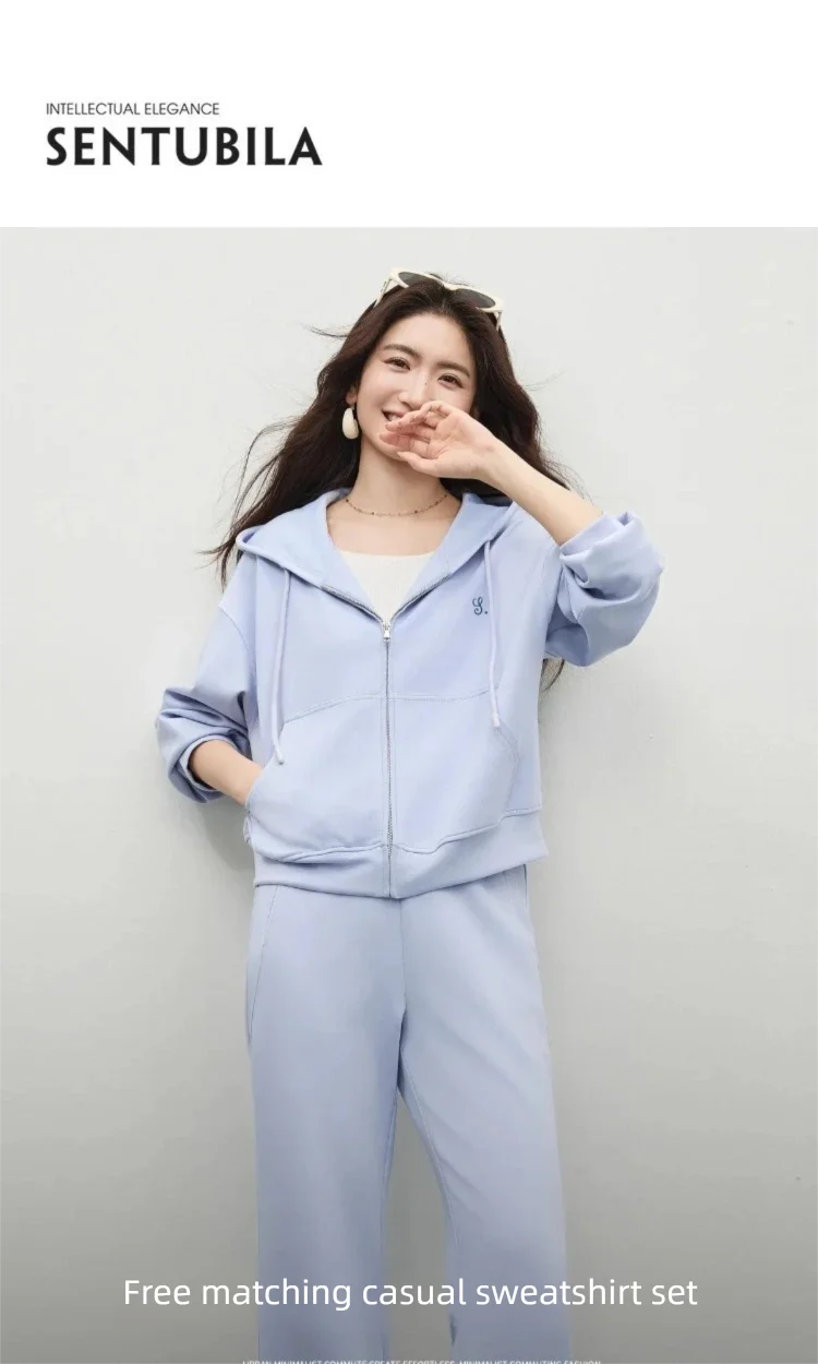SENTUBILA Damen Freizeit-Trainingsanzug 2026 Frühling Hoodie mit Stickerei Reißverschluss-Jacke Weite Schlaghose 2-teiliges Hosen-Set 161ZC6614 – Detail 1