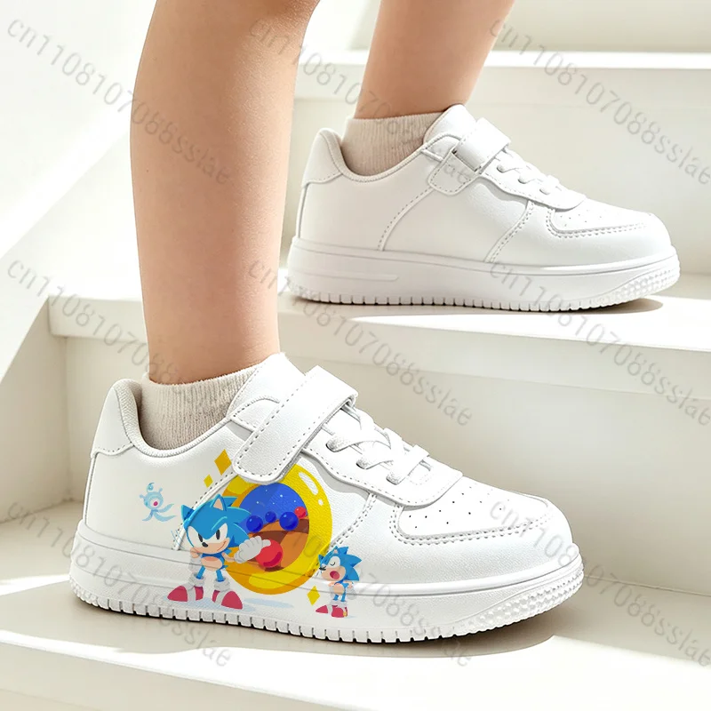 S-Sonics Cartoon Hedgehog Print Kids White Sneakers Lace Up Light Breathable Campus Wear for Boys Girls Flat Shoes Outdoor