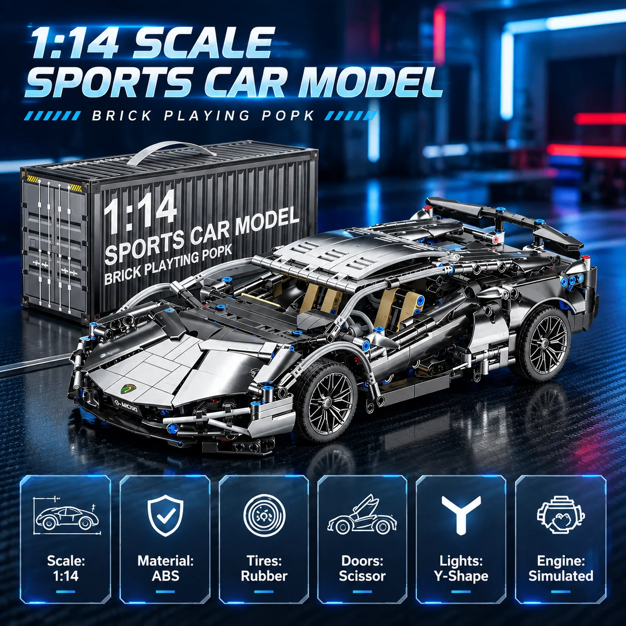 ABS Building Block Sports Car, DIY Assembly Technical Model, Movable Gear & Scissor Door, Halloween Gift for Boys Desktop Decor