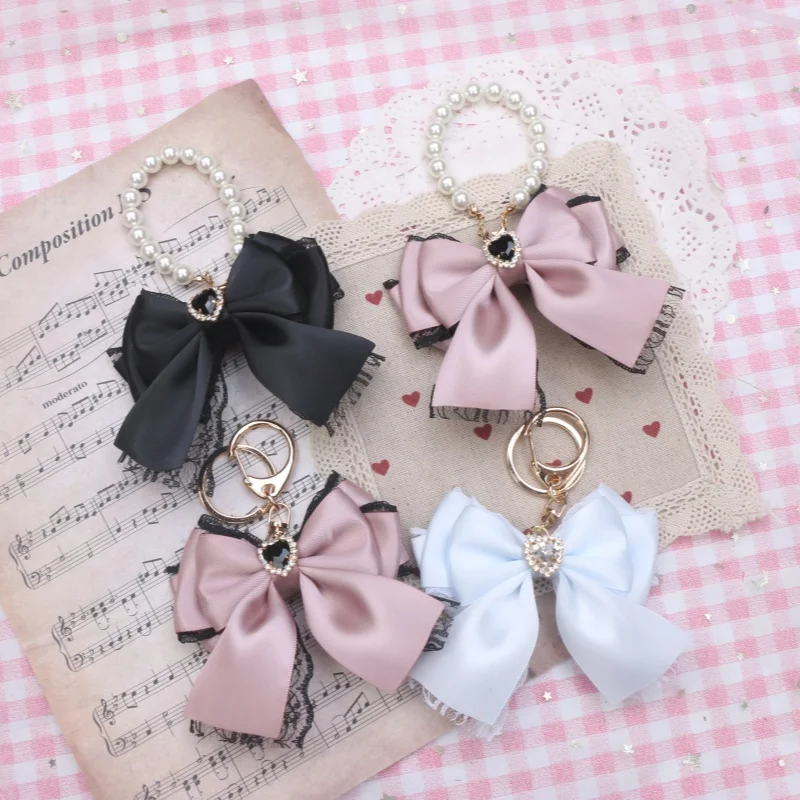 Y2k Lolita Bag Pendant Decor Accessories Imitation Pearl Bow Key Ring Ribbon Rhinestones Keychain Cute Accessary