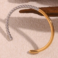 Silver Color Wrist Bangle Stainless Steel PVD Plated Twist Texture Spliced Glossy 2 Tones Cuff Bangles Bracelets For Women