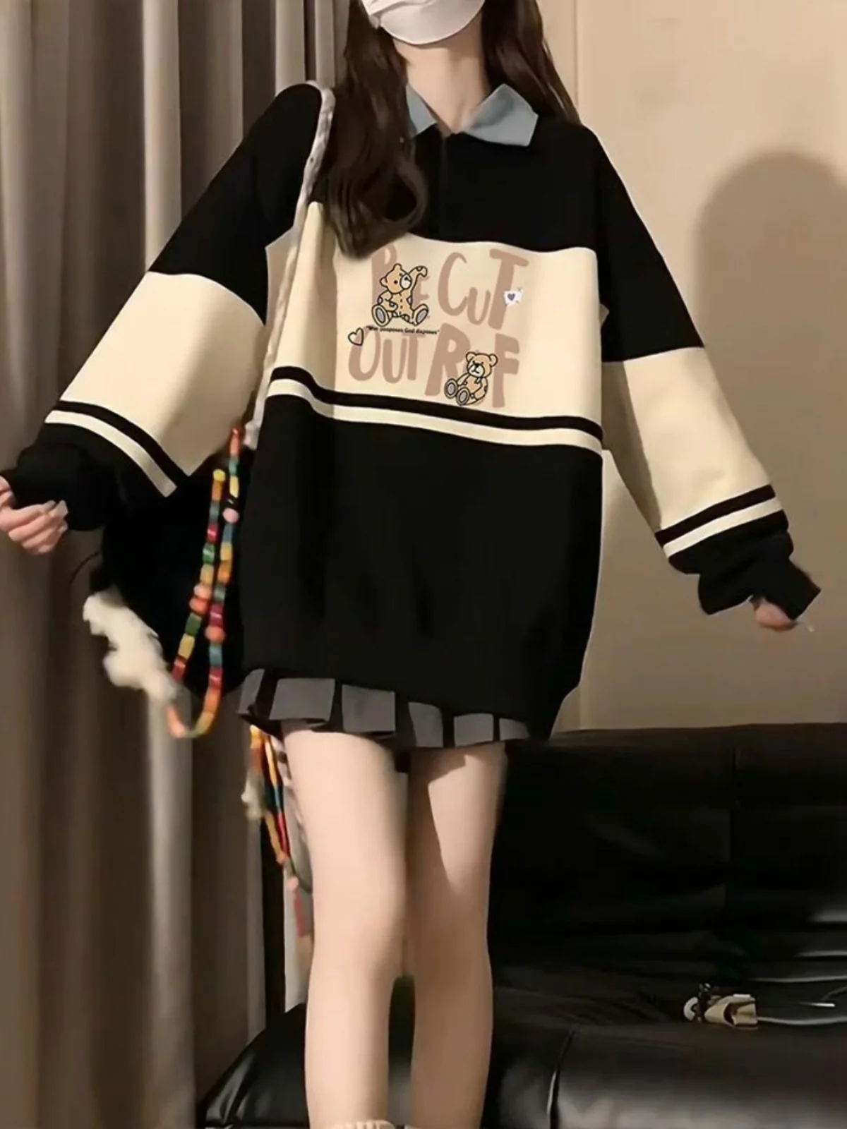 سترة نسائية بياقة بولو على الطراز الأمريكي القديم للخريف والشتاء، مصنوعة من الصوف بتصميم فضفاض وأنيق عالي الجودة