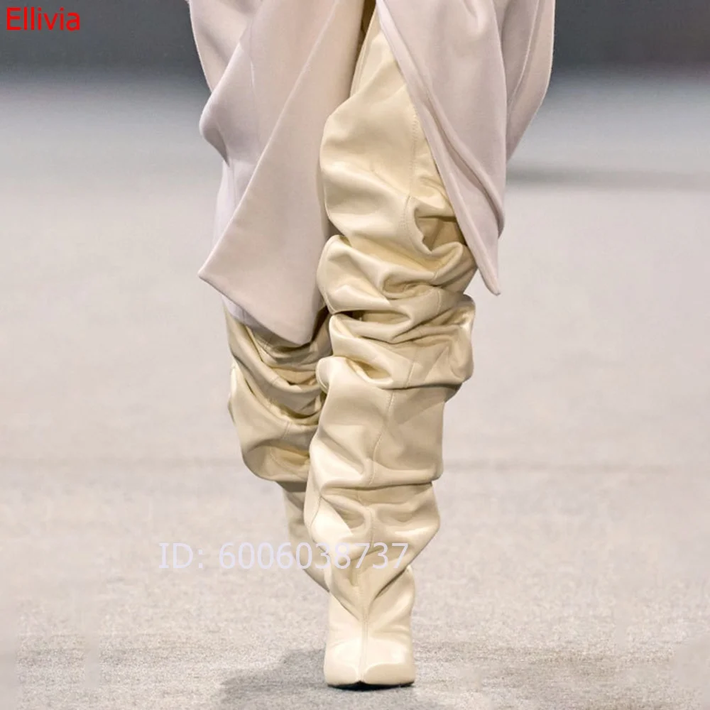 Women Slouchy Over The Knee Boots Pointed Toe Leather Wedge Heel Thigh High Boots Fashion Ruched Pull On Dress Footwear Ladies