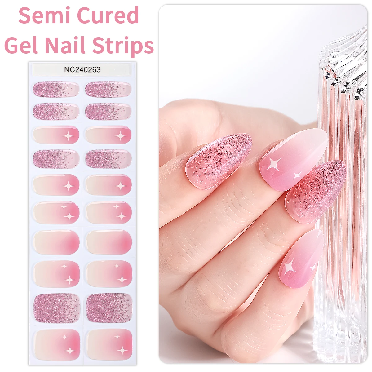 

20Tips Pink Gradient Semi Cured Gel Nail Strips Glitter Fireworks Bows Stars Nail Gel UV Stickers For Women Manicure Decoration