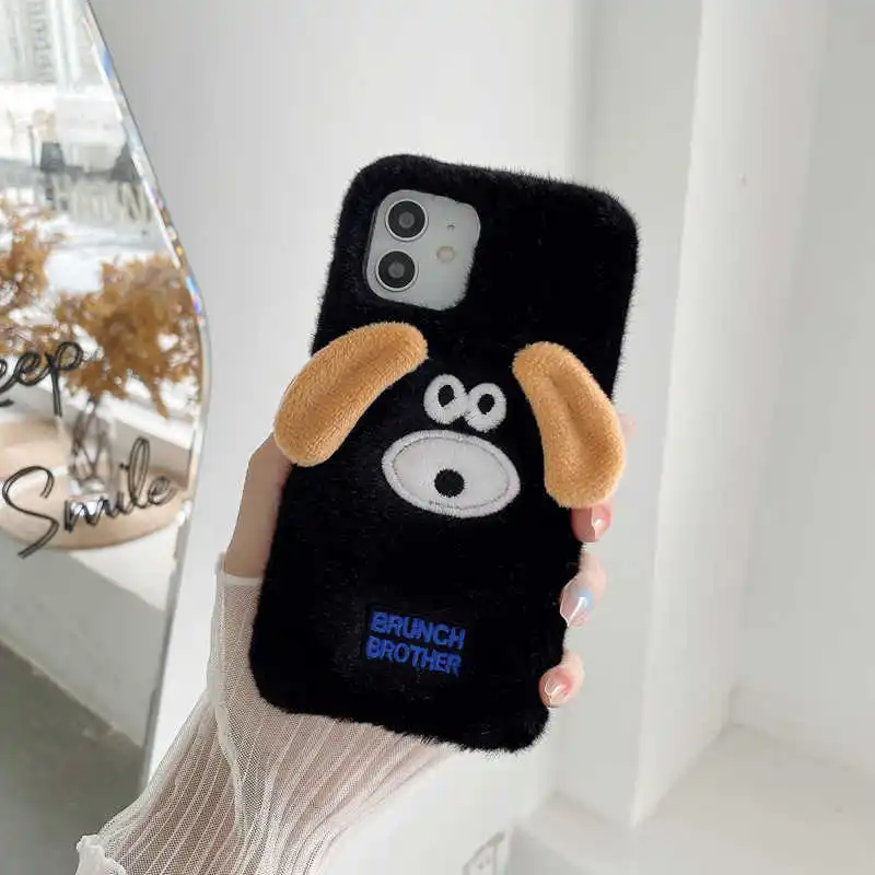 Cute Furry Fur Big Ears Dog 13 14 Pro Max iPhone Case For 11 12 Plus Autumn and Winter Warm XR XS X Apple Soft 7 8 Cover