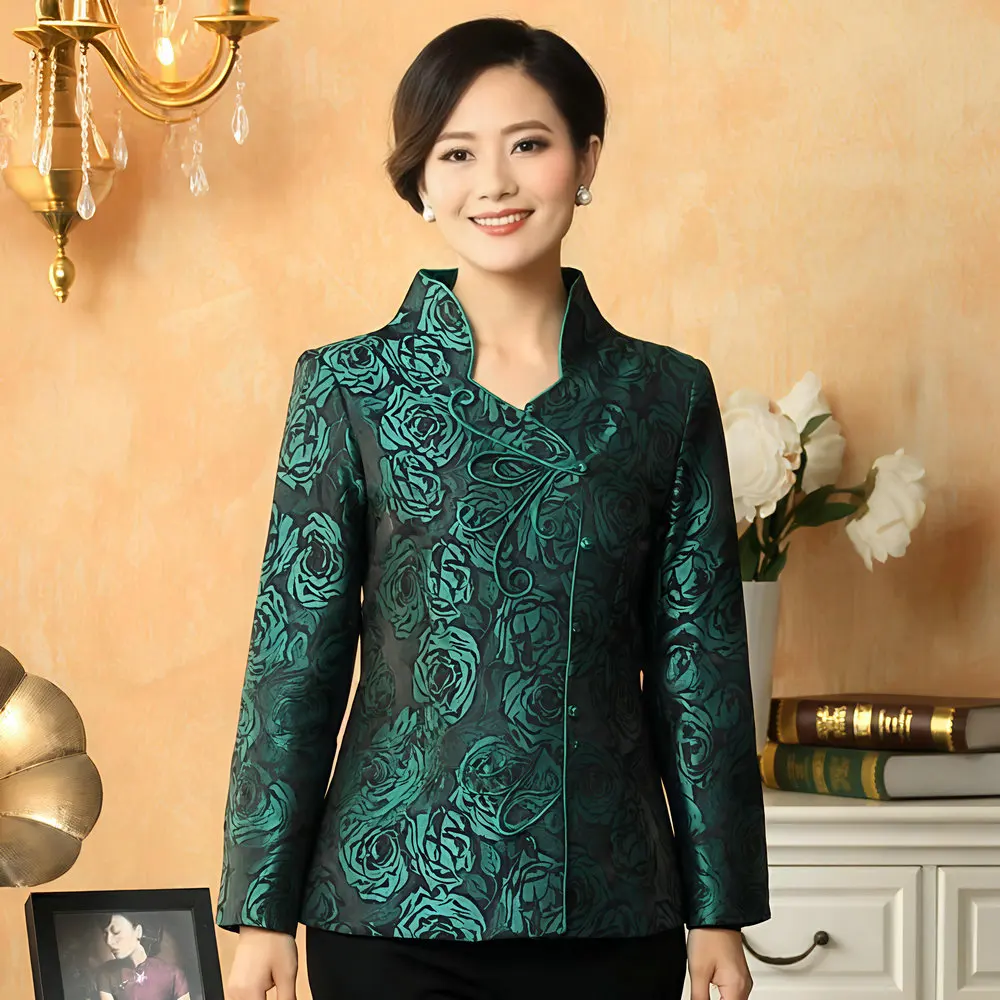 Femmes élégant Slim Fit manteau rouge vert violet Rose Jacquard tenue raffinement Qipao Style tenue pause thé Look porter 2024 printemps