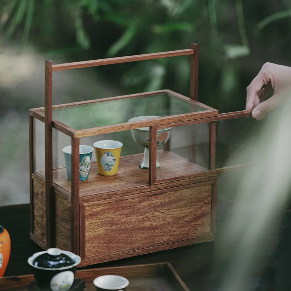 Beam carved rosewood teak double glass shelf teapot storage cabinet teacup display shelf tea ceremony accessories