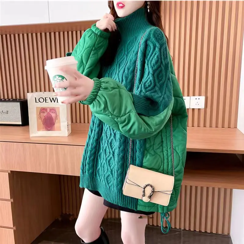 Spliced High-neck Women's Sweater Autumn Winter New Thick Warm Pullover Top Loose Mid-length Lazy Style Knitting Top Coat