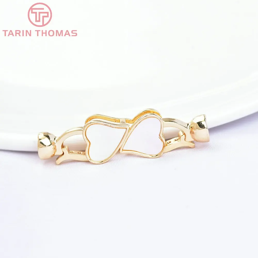 (6761) 2PCS 10x39MM 24K Gold Color Brass with Zircon Heart Shaped Bracelet Connector Clasp High Quality Diy Jewelry Accessories