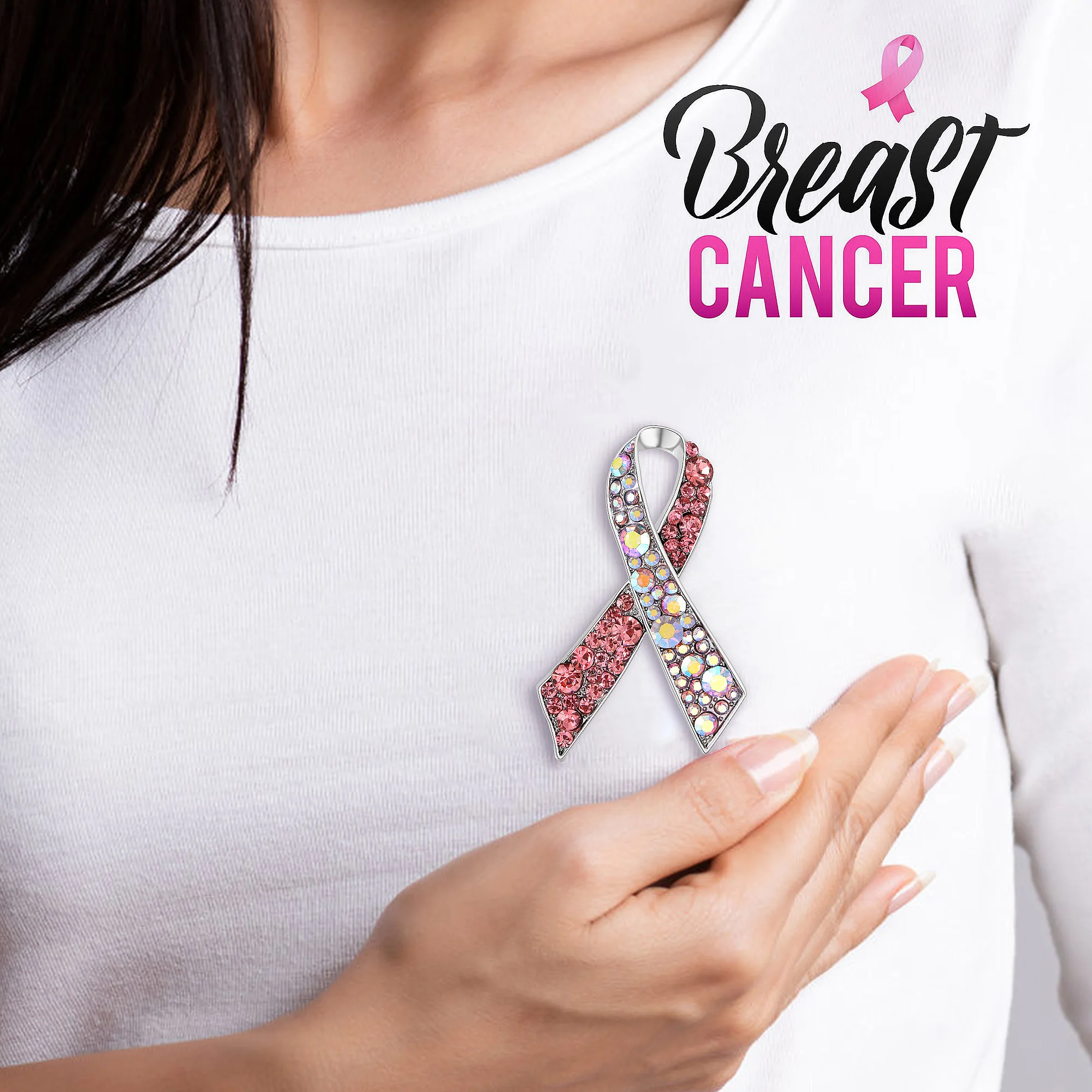 Beaut&Berry Rhinestone Breast Cancer Ribbon Brooches for Women World Breast Cancer Awareness Day Gifts Jewelry accessories