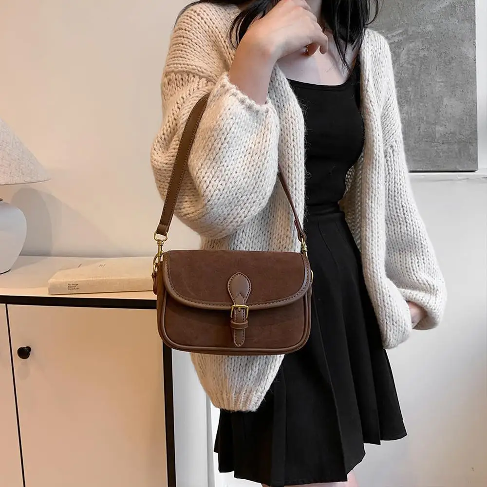 

Retro Faux Suede Small Shoulder Bag Fall Winter Crossbody Bag Square Handbag for Women
