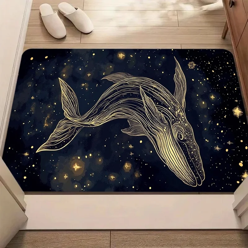 Dark Blue Starry Sky Line Art Whale Print Door Mat Anti Slip Entrance Doormat Galaxy Ocean Celestial Pattern Rug