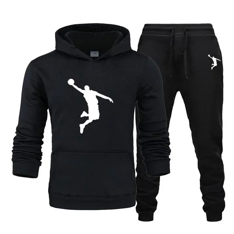 

Breathable Comfort Men 2P Tracksuit Set Autumn Winter Hooded Pullover Elastic Waist Sweatpants Street Sportwea