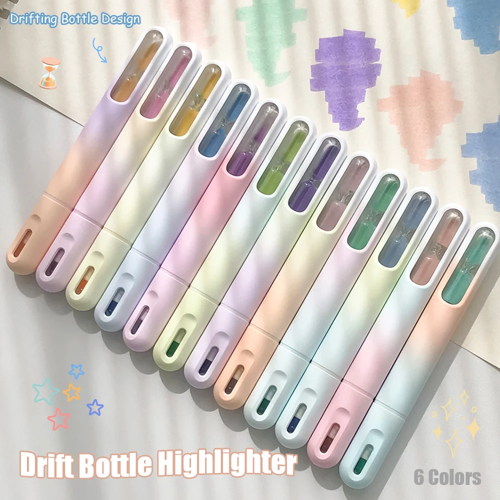 

6Pcs Fun Hourglass Drift Bottle Highlighter 5.5mm Ultra Wide Super Soft Marker Pen Eye Protective Colors Marker and Painting Pen