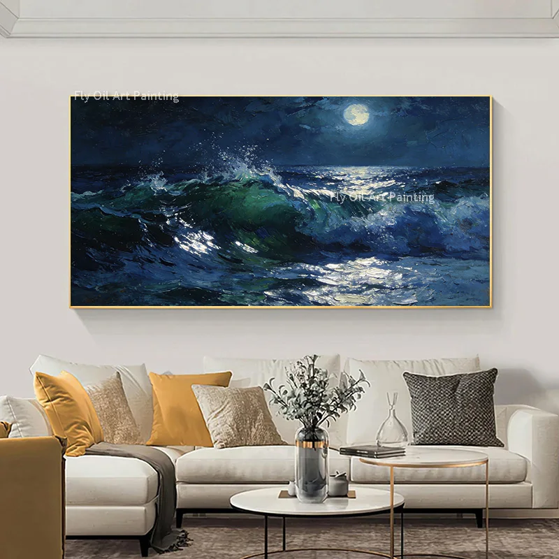Abstract Artwork Blue White Seascape Canvas Thick Wall Art Hand Painted Original Simple Ocean Wave Oil Painting For Home Decor