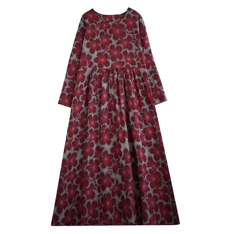 Vestido largo de lino y algodón para mujer, prenda holgada de manga larga con cuello redondo, estampado Retro, estilo étnico, a la moda, para otoño, Z2982, 2023